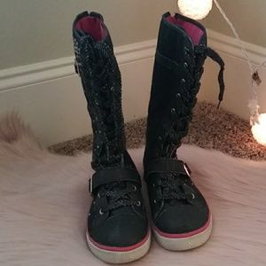 Leg high black and pink boots with rhinestones